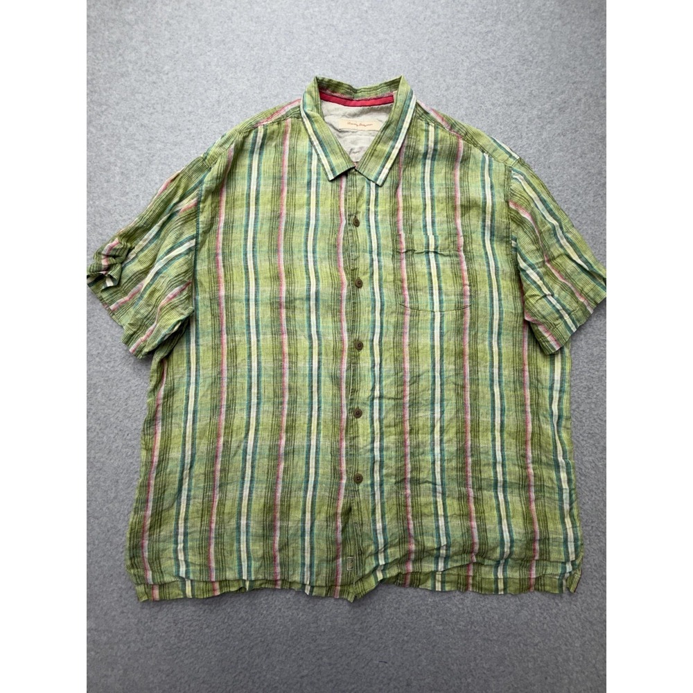 Tommy Bahama Shirt Mens 2XL Green Stripe Linen Short Sleeve Button Casual
